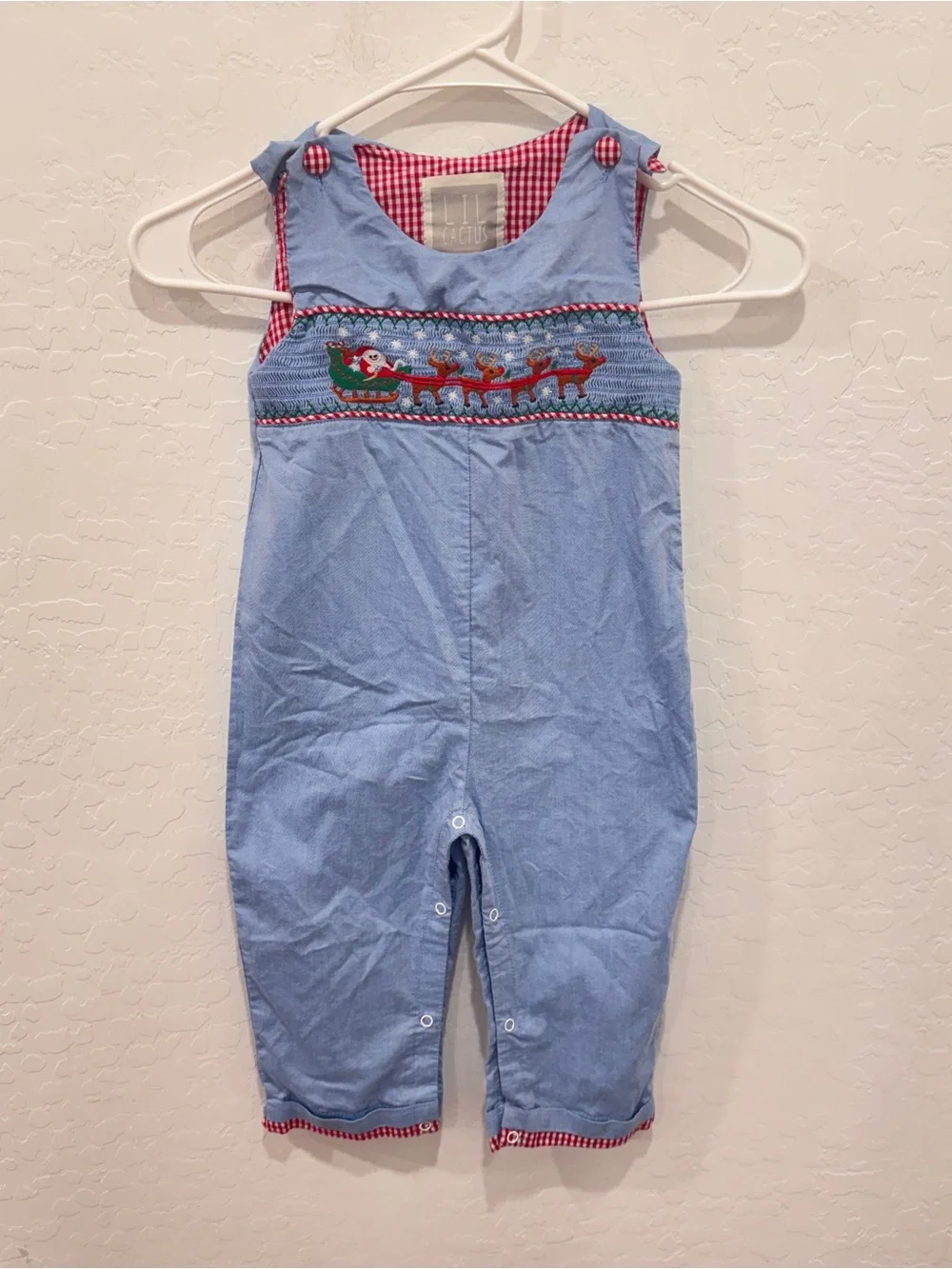 Lil Cactus Chambray Christmas Romper Embroidered Smocked Baby 2T Santa & Sleigh